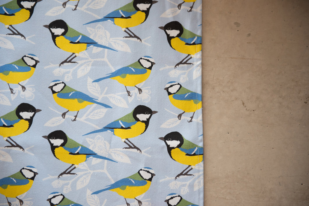 Blue and Great Tit Print Cotton Drill Fabric